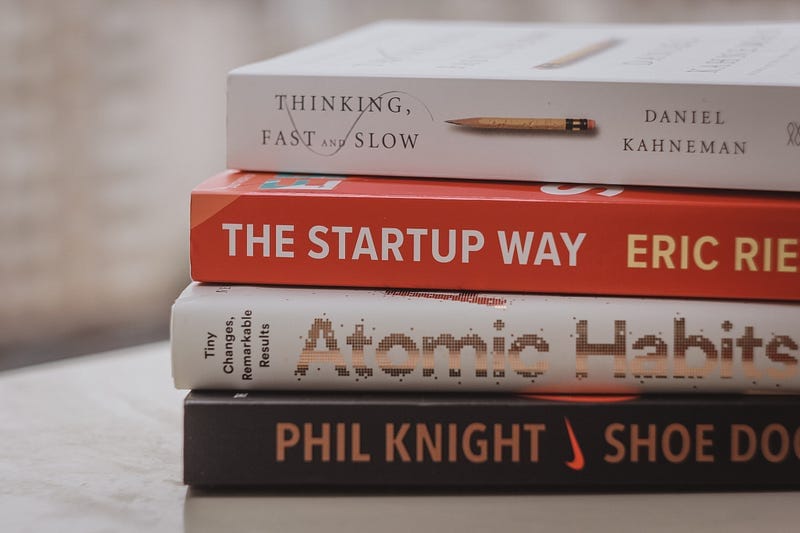 Books, self-improvement books, thinking fast and slow, the startup way, atomic habits, phil knight, shoe dog